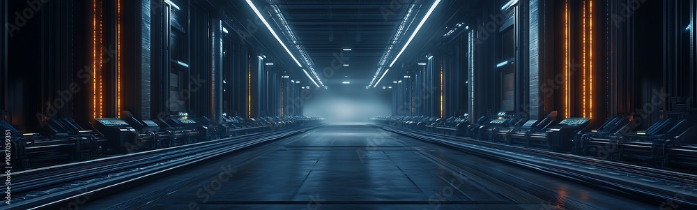 Poster A dimly lit, futuristic corridor lined with glowing lights and sleek structures, creating a mysterious and high-tech ambiance.