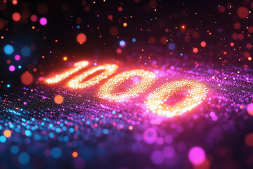 Connected digital particles forming a number "1000" concept of likes, followers or fans count