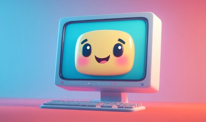 3D cartoon computer monitor with a cute, smiling face on the screen, tech and friendly