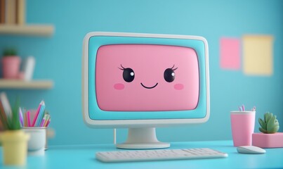 3D cartoon computer monitor with a cute, smiling face on the screen, tech and friendly