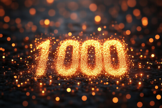 Connected digital particles forming a number "1000" concept of likes, followers or fans count