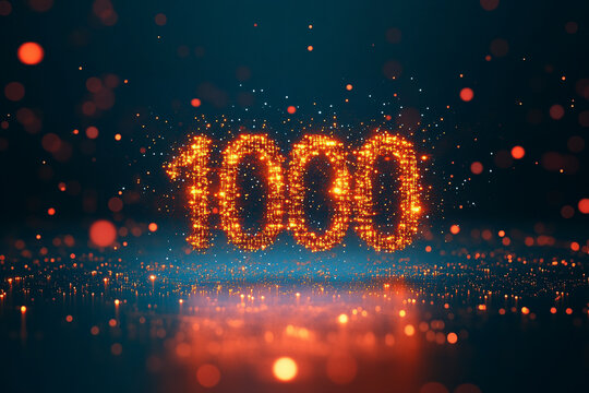 Connected digital particles forming a number "1000" concept of likes, followers or fans count