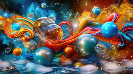 Vibrant abstract composition featuring colorful swirls, spheres, and bubbles, creating dynamic and energetic visual experience. interplay of colors and shapes evokes sense of creativity and wonder