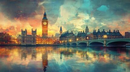 Obraz premium Vibrant Sunset over London Cityscape Reflection