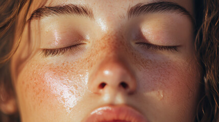 Fototapeta premium Close-up of a serene young woman with glowing skin and freckles enjoying a moment of relaxation indoors