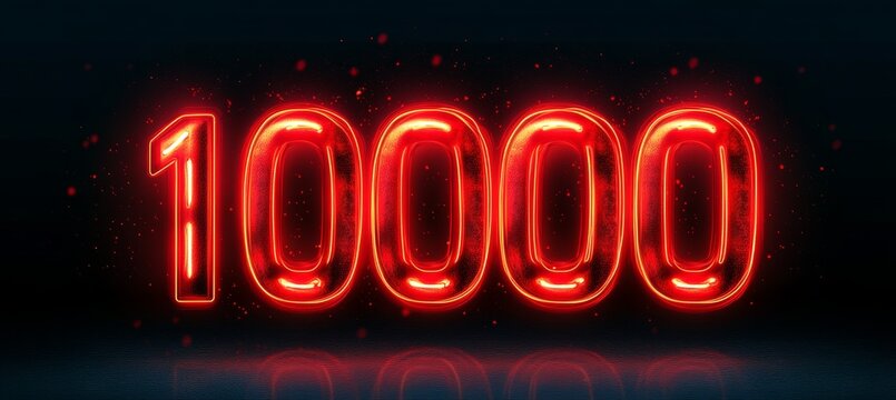 10,000 Celebration in Sparkling Red Neon Sign with Dramatic Atmosphere on a Black Background