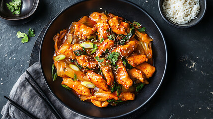 Fototapeta premium 양배추와 떡을 곁들인 한국식 닭갈비(닭갈비), 뜨거운 접시에 담아 제공2