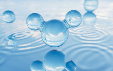 Water surface and molecule, water surface background, 3d rendering.