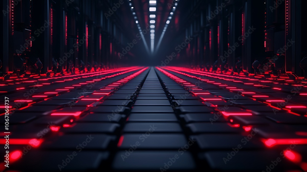 Leinwandbilder a dark corridor illuminated by red lights, featuring a futuristic design with a grid-like floor, evo