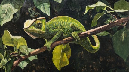 Vibrant Green Chameleon on a Branch Surrounded by Leaves