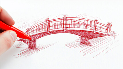 Hand Sketching a Bridge with Red Pen on White Paper, Architectural Drawing of a Simple Arch Bridge Design