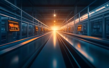 A vibrant industrial scene showcasing illuminated conveyor belts leading towards a bright light source, suggesting a futuristic environment.