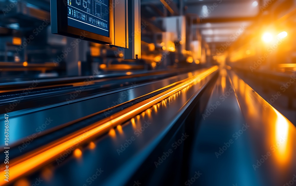 Aufkleber a close-up view of modern industrial machinery showcasing illuminated conveyor belts in a high-tech 