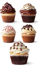 Five delicious cupcakes with various toppings are arranged on a white background