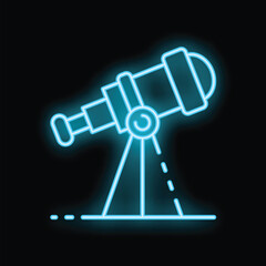 Bright blue neon icon of a telescope on a tripod, perfect for projects related to astronomy, science, and the cosmos