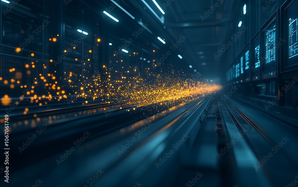 Leinwandbilder a futuristic tunnel illuminated with glowing particles, creating a dynamic sense of motion and energ