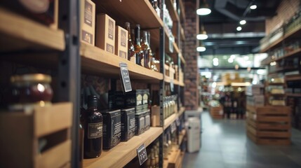 Organic products on wooden shelves in a rustic store interior