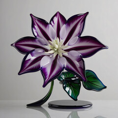 Elegant Glass Sculpture of a Clematis Flower with Deep Purple and Lavender Petals Against Light Gray Background, generative ai