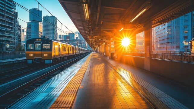 A Yellow Train Arriving at a Station Platform Bathed in Golden Sunset Light