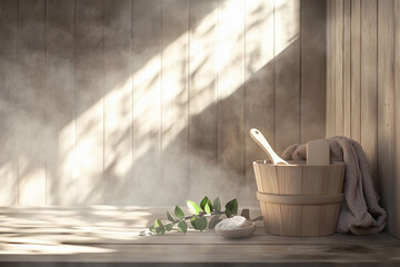 Sauna equipment. Wooden buckets, towel and ladle. Decor with birch leaves.