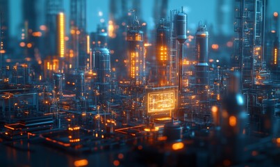 Fototapeta premium An advanced industrial Internet of Things smart factory concept, showcasing abstract 3D holographic display of hightech automation and futuristic technology integration in manufacturing