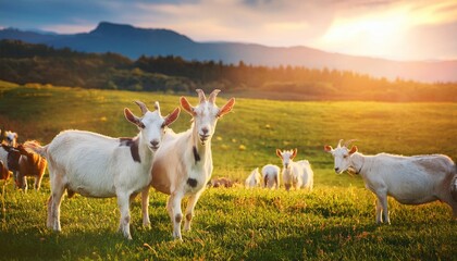 Naklejka premium nature farm of goats, grass field background, Fresh and Relax concept. For montage product display or design key visual layout. View of copy space