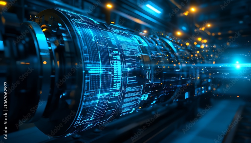 Leinwandbilder A futuristic representation of a high-tech engine or machine, showcasing intricate circuits and luminous elements in a digital environment.