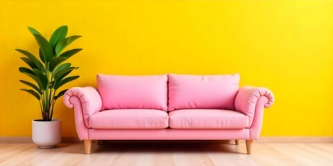 A pink sofa in front of a yellow wall with a potted plant