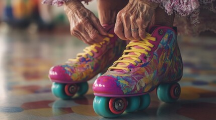 Vibrant Roller Skates on Elderly Hands