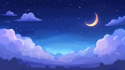 Serene Night Sky with Crescent Moon and Stars