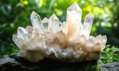 Gorgeous cluster of sparkling quartz crystals in natural light, gemstone mineral formation