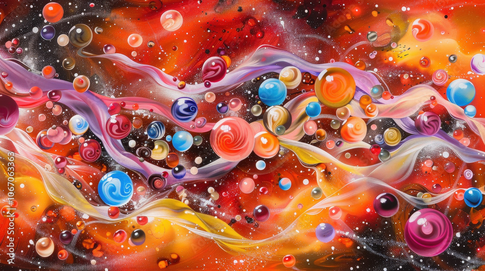 Poster vibrant abstract artwork featuring colorful rounded forms and swirling patterns against dynamic red 