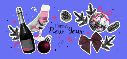 Merry Christmas, Happy New Year set. Halftone effect. Trendy collage. 90s Dots. Vintage style. Champagne, hand with glass, spruce cone, disco ball, bow. Poster, greeting card. Vector illustration.