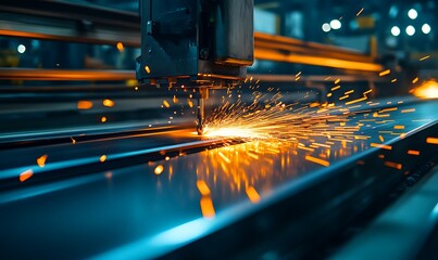A high-tech metal cutting process produces bright sparks, showcasing industrial machinery in action within a workshop environment.