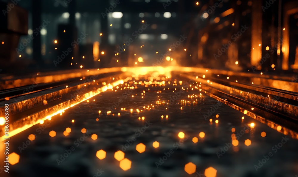 Aufkleber a close-up view of a glowing, spark-filled path, evoking an industrial ambiance with warm tones of o