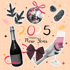 Merry Christmas, Happy New Year set 2025. Halftone effect. Trendy collage. 90s Dots. Vintage style. Champagne, hand with glass, spruce cone, disco ball, bow. Poster, greeting card. Vector illustration