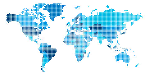 A detailed representation of the world map featuring various political regions, displayed in a square grid pattern with different shades of blue, highlighting geographical boundaries.
