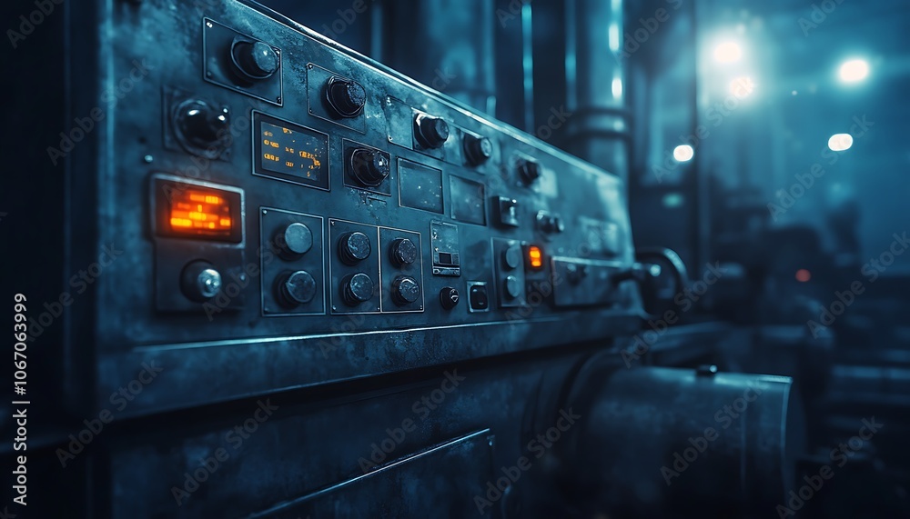 Aufkleber a close-up of a control panel featuring various buttons and lights, set in a dimly lit, industrial e