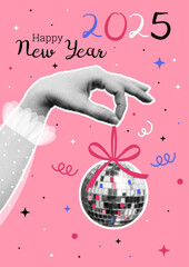 Merry Christmas, Happy New Year poster 2025. Halftone effect. Trendy collage. 90s. Dots. Vintage style. Woman hand with a sparkly disco ball and pink bow. Poster, greeting card. Vector illustration.
