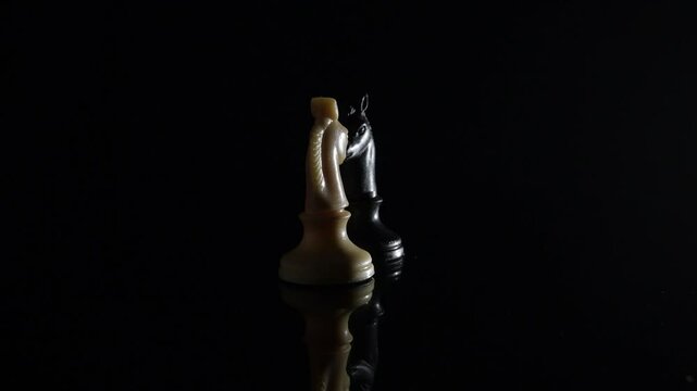 White and Black Horse Figures of Chess gyrating with black environment