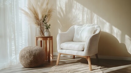 Fototapeta premium Scandinavian living room with a grey armchair, white cushions, wooden side table, pampas grass, eucalyptus branches, and woven pouf, illuminated by natural daylight in a neutral palette.