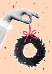 Merry Christmas, Happy New Year poster 2025. Halftone effect. Trendy collage. 90s. Dots. Vintage style. Woman hand with a spruce wreath and pink bow. Poster, greeting card. Vector illustration.