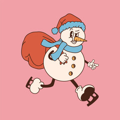 Retro snowman character. 40s, 50s, 60s old animation style in skates. Christmas mascot