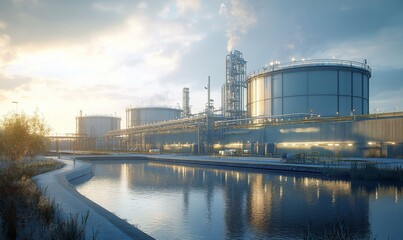 Obraz premium A vast industrial complex with a massive LNG storage tank designed for holding liquified natural gas at low temperatures, showcasing modern energy infrastructure