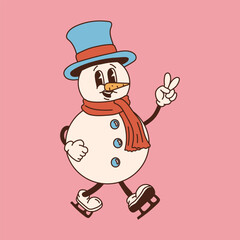 Retro snowman character. 40s, 50s, 60s old animation style in skates. Christmas mascot