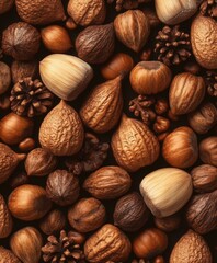 Assorted nuts scattered on black surface, highlighting texture, variety
