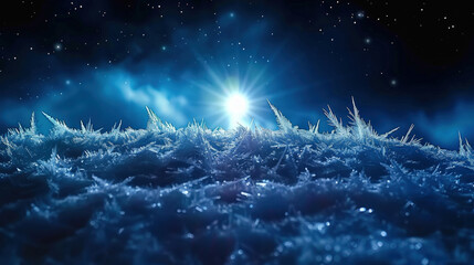 Naklejka premium Delicate frost crystals glisten under starry night sky, creating magical winter landscape. ethereal glow of moonlight enhances beauty of this icy scene, evoking sense of wonder and tranquility