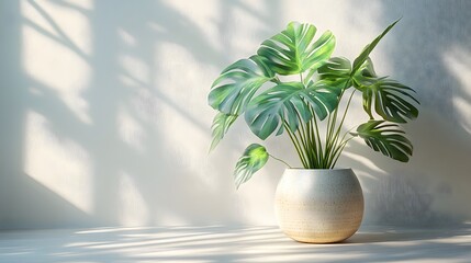 Obraz premium Monstera deliciosa plant in a white ceramic pot on a pure white background, highlighted by window light casting dramatic shadows, emphasizing a minimalist and tropical aesthetic.