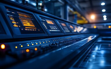 Naklejka premium A close-up view of a control panel featuring multiple screens and illuminated buttons in a dimly lit industrial environment.
