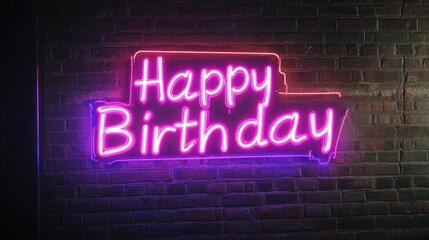 Neon Happy Birthday Sign on Brick Wall